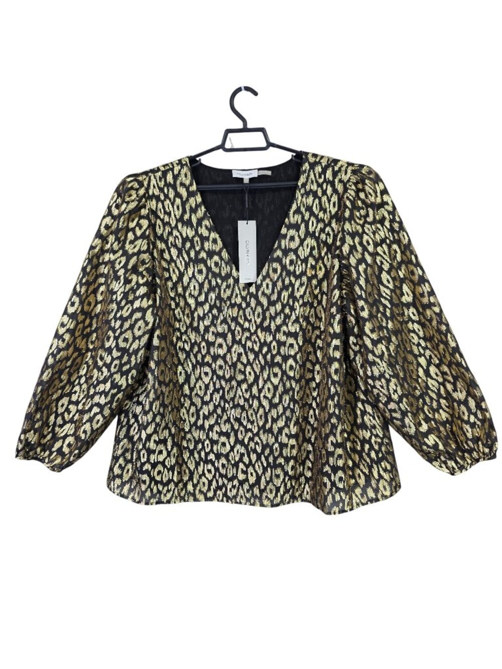 Calvin Klein Black & Gold Metallic Leopard Print V-Neck Top Puff Sleeves Size 1X